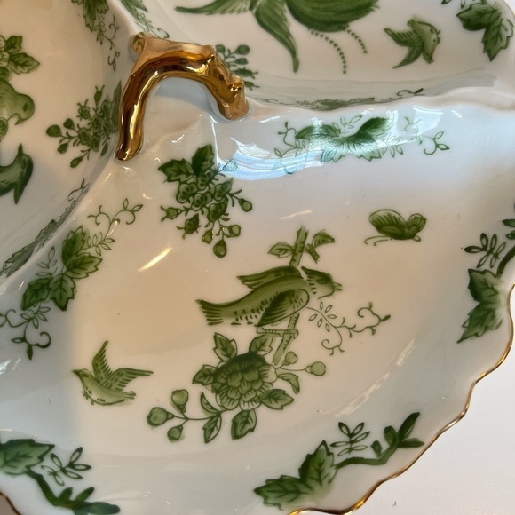 Divided White China Dish with Green Bird and Floral Designs - Picture 5 of 9
